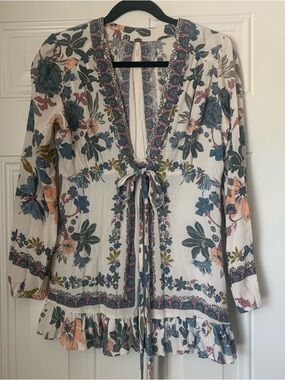 Free People White Floral Tie-Front Mini Dress with Blue and Pink Accents Size 6